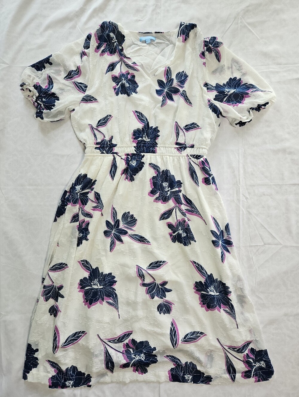 Draper James RSVP Womens Midi Dress White Purple Blue Floral V Neck Short Sleeve